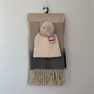 Vince Camuto Cream and Gray Knit Hat and Scarf Set